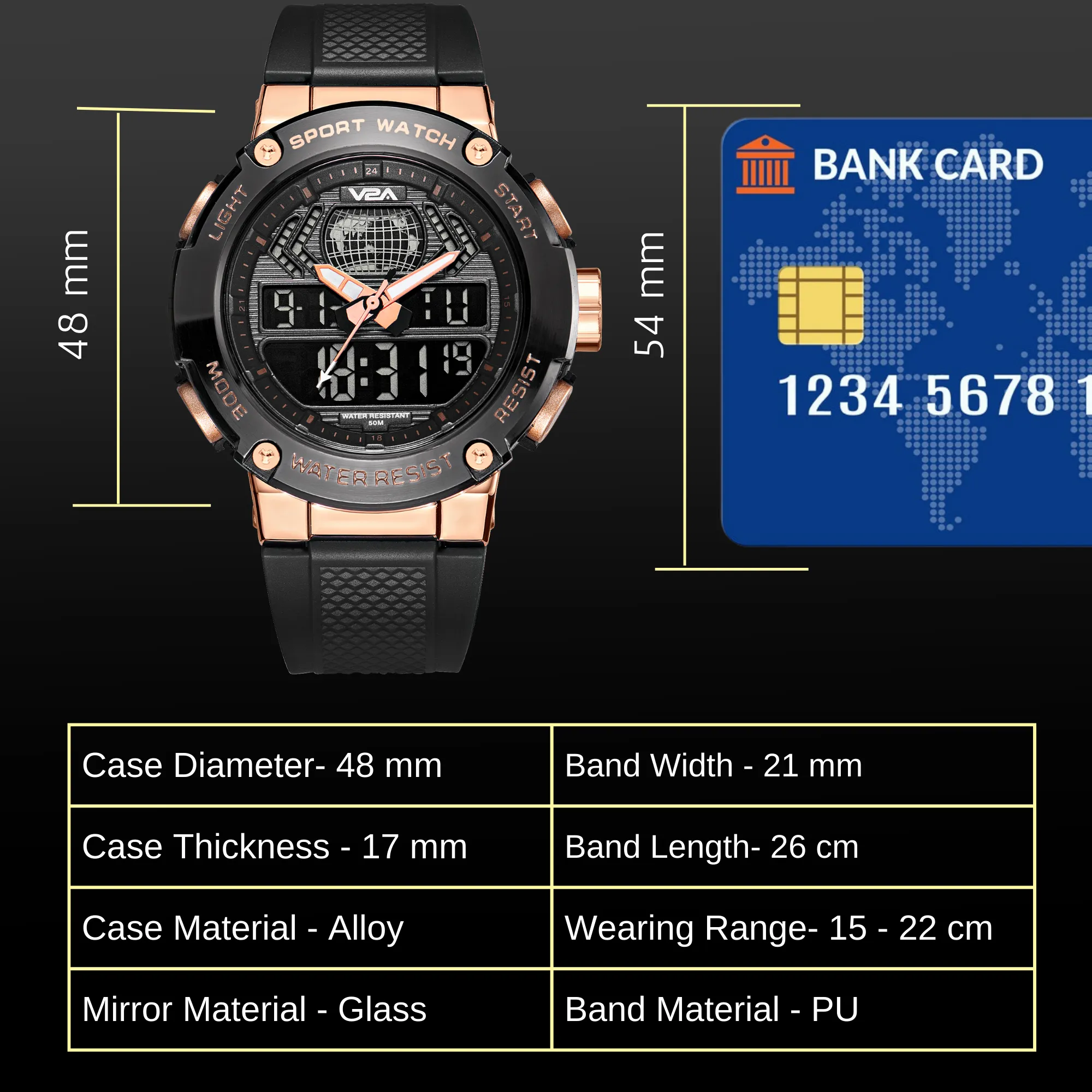 V2A Analog Digital Rose Gold Alloy Metal Case 5ATM Waterproof Sports Watch for Men with Stopwatch, Alarm and Backlight | Case Size- 48mm