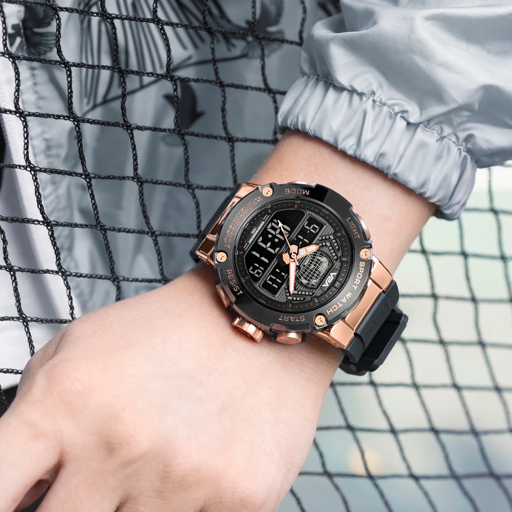 V2A Analog Digital Rose Gold Alloy Metal Case 5ATM Waterproof Sports Watch for Men with Stopwatch, Alarm and Backlight | Case Size- 48mm