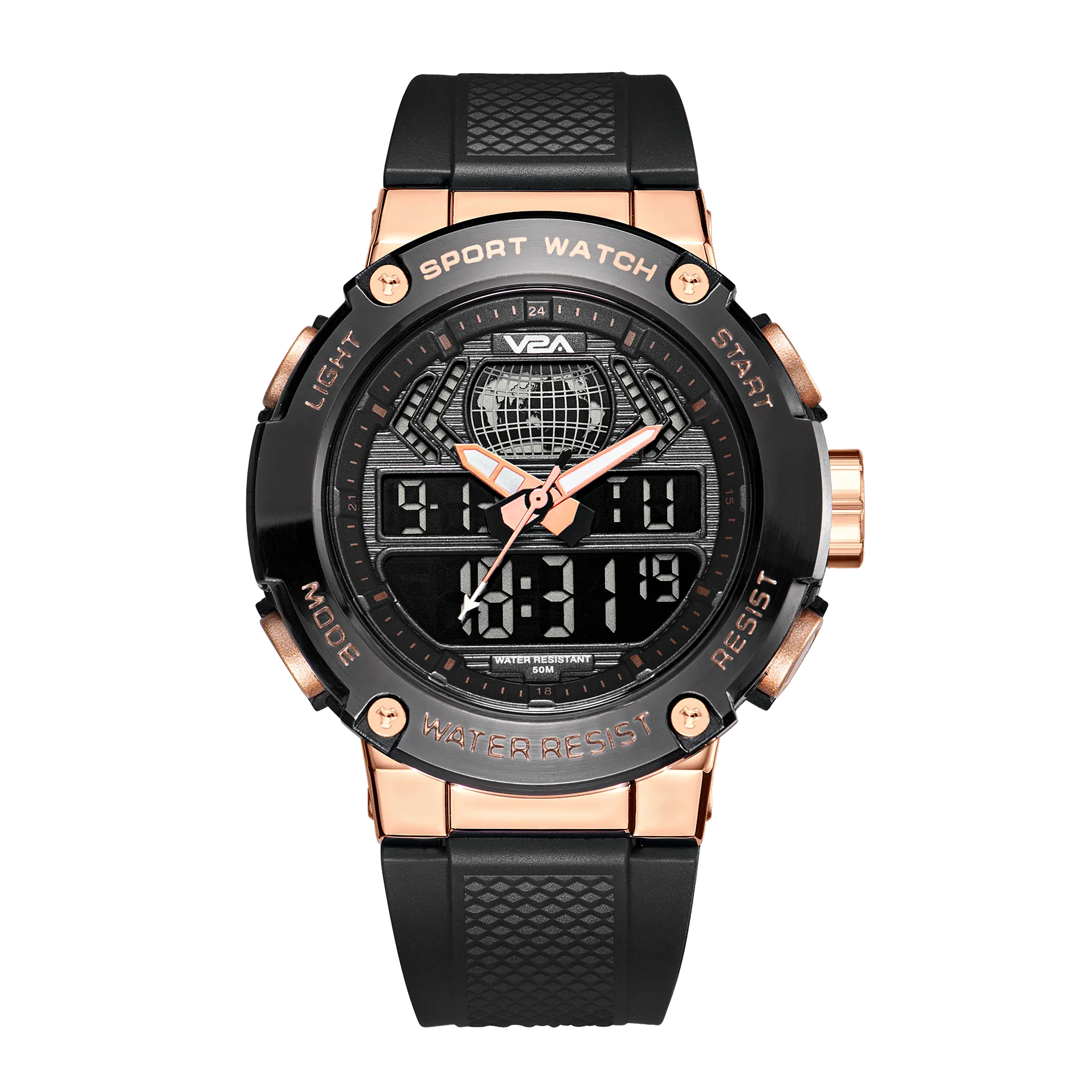 V2A Analog Digital Rose Gold Alloy Metal Case 5ATM Waterproof Sports Watch for Men with Stopwatch, Alarm and Backlight | Case Size- 48mm