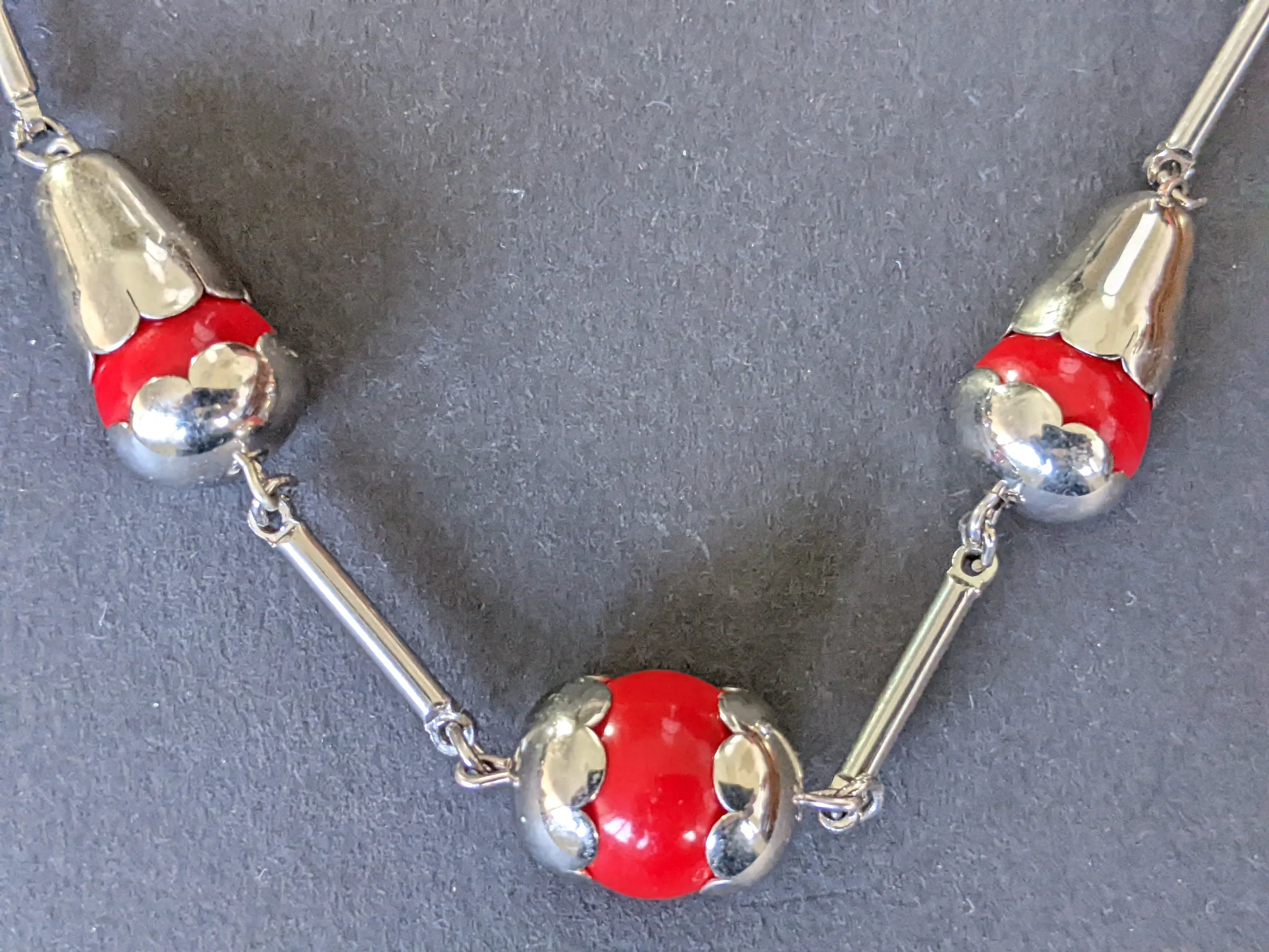 Vintage Jakob Bengel Art Deco machine age silver tone / chrome and bright red galalith bead chunky geometric statement necklace