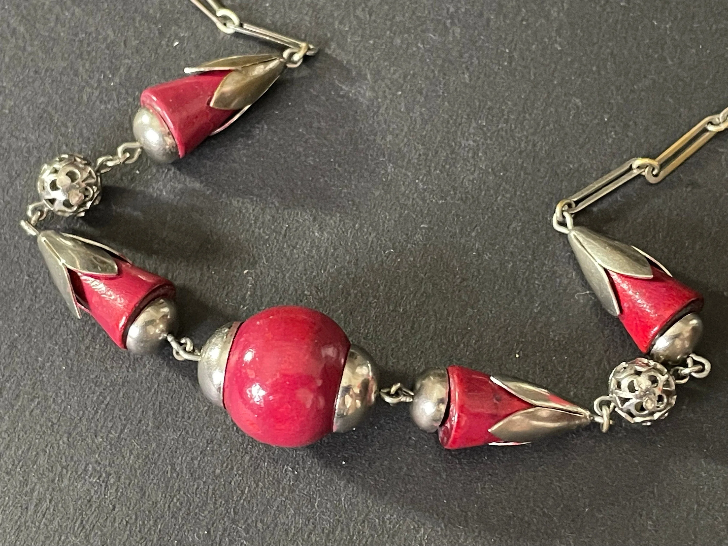 Vintage Jakob Bengel Art Deco machine age silver tone / chrome and deep cherry red galalith bead chunky geometric statement necklace