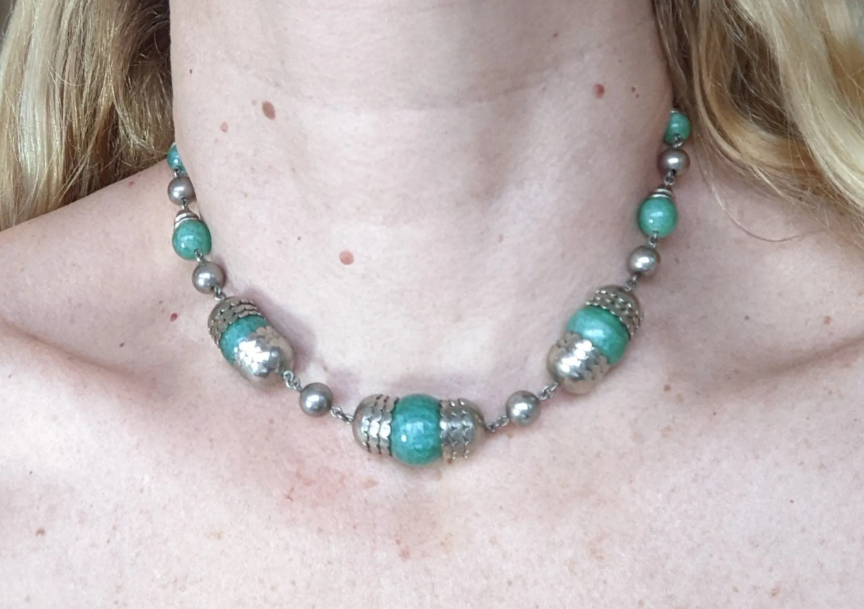 Vintage Jakob Bengel Art Deco machine age silver tone / chrome and green glass bead heavy geometric statement necklace