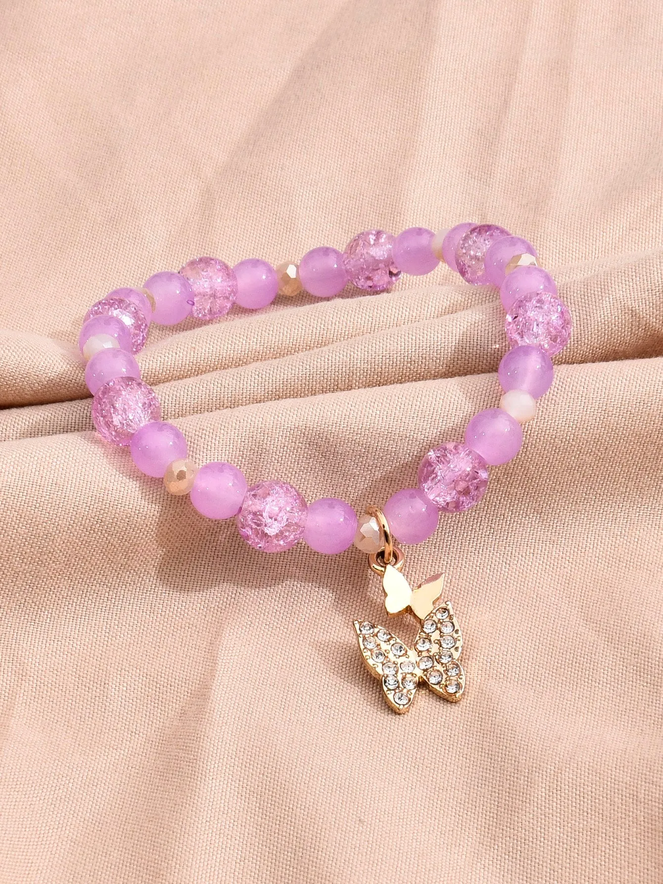 Violet Beads Rhinestone Butterfly Charm Beaded Bracelet Stackable Stretch