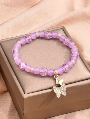 Violet Beads Rhinestone Butterfly Charm Beaded Bracelet Stackable Stretch