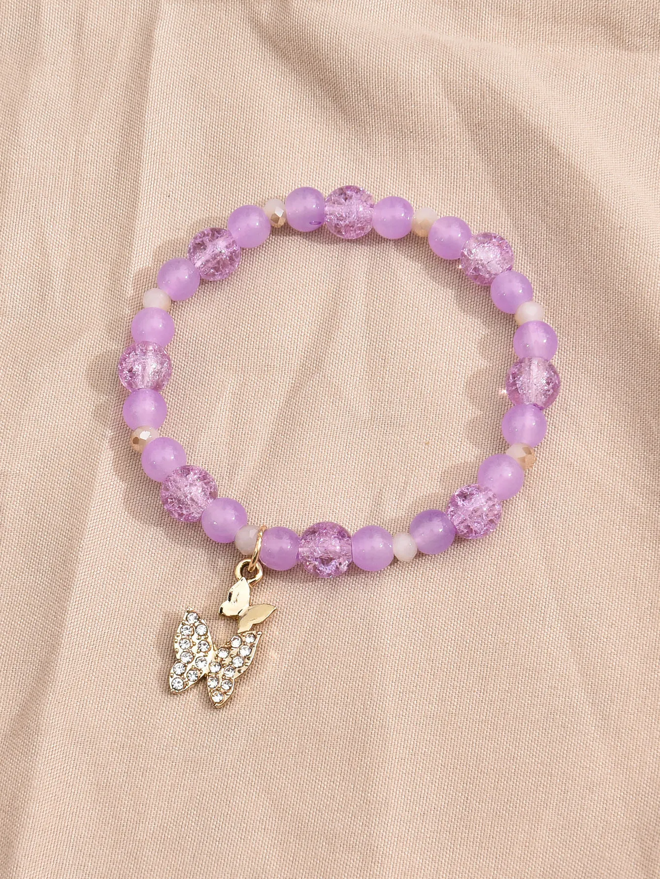 Violet Beads Rhinestone Butterfly Charm Beaded Bracelet Stackable Stretch