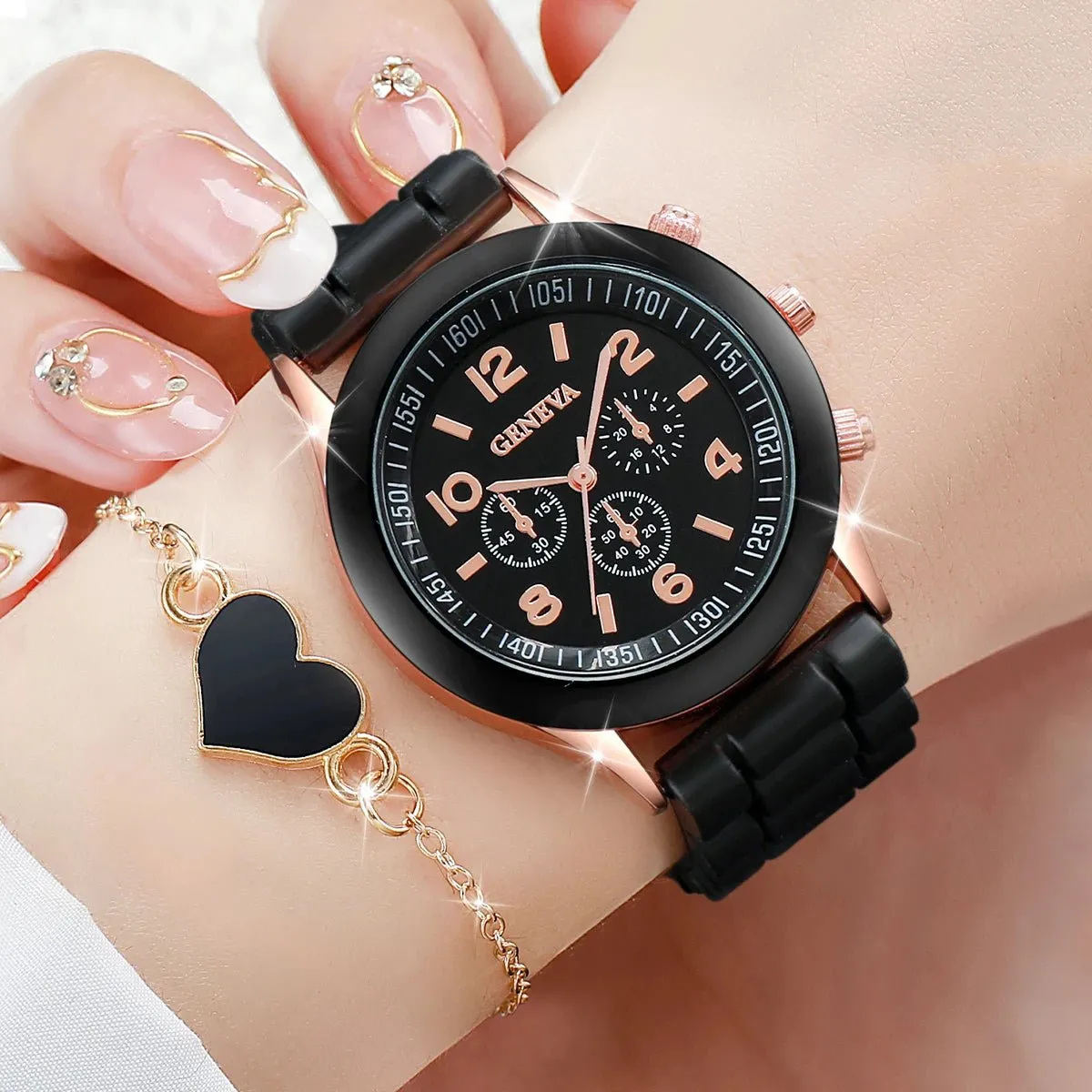 Watch Jewelry Set Womens Quartz Silicone Band Arabic Numeral