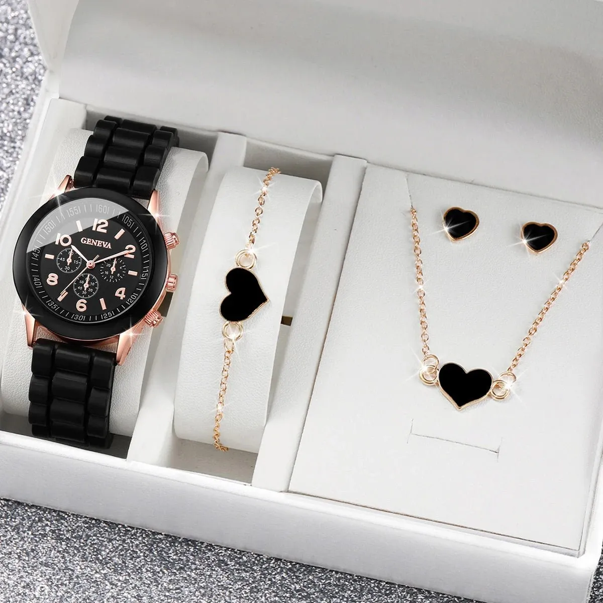 Watch Jewelry Set Womens Quartz Silicone Band Arabic Numeral