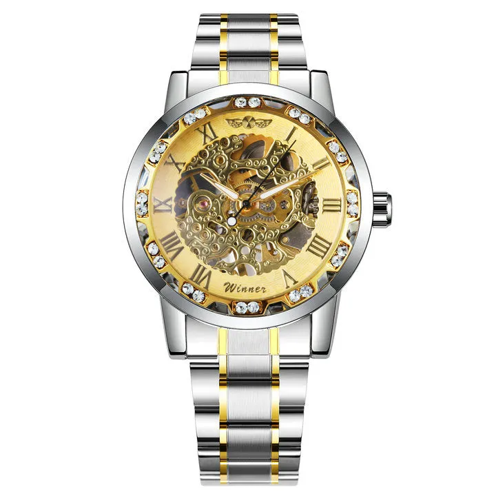 WINNER Mens Mechanical Watches Crystal Iced Out Dial Steel Strap Fashion Business Watch for Men