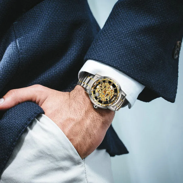 WINNER Mens Mechanical Watches Crystal Iced Out Dial Steel Strap Fashion Business Watch for Men
